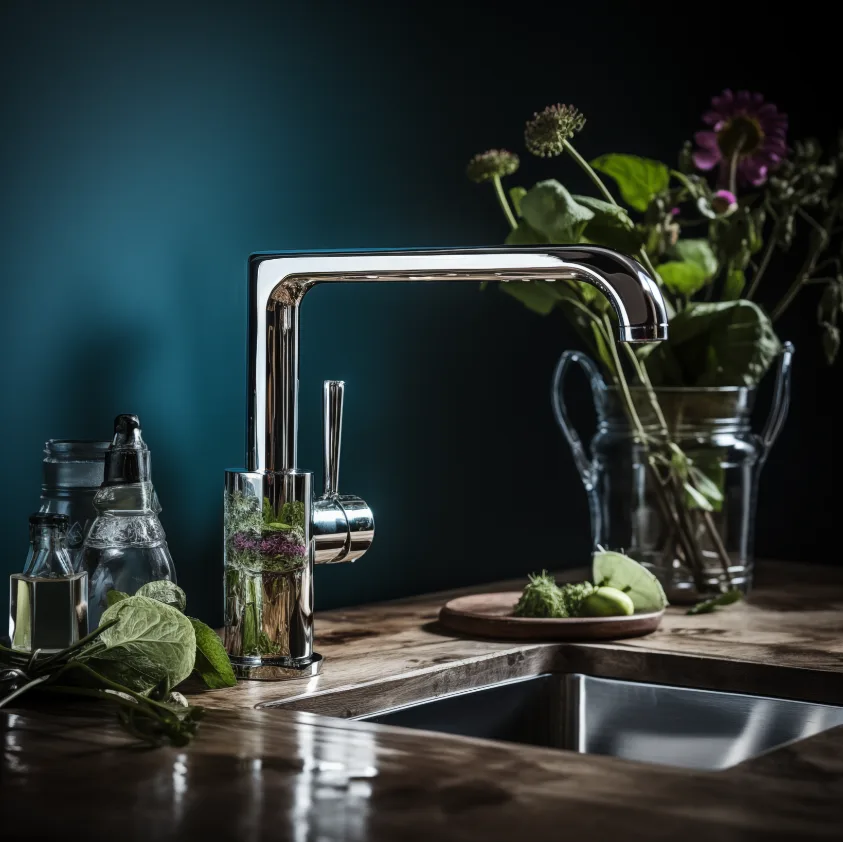 évier de cuisine sur mur bleu profond