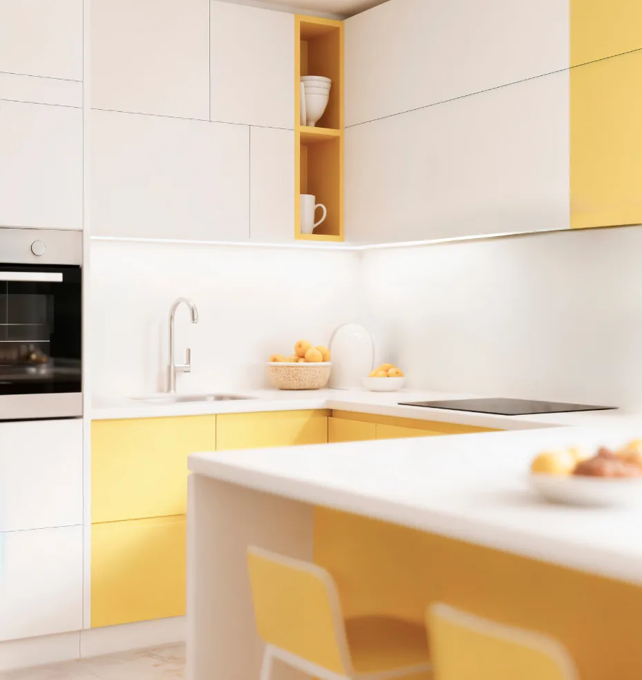 Cuisine avec mobilier blanc et jaune