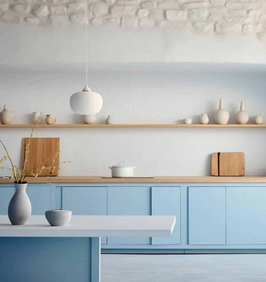 Cuisine mur banc et maubles bleus