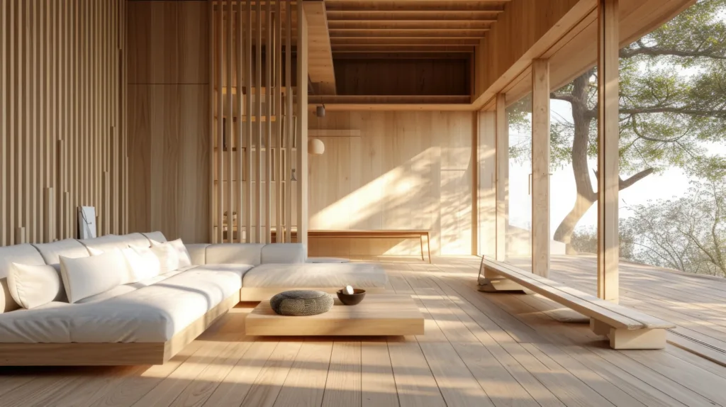 Salon en bois canapé blanc avec vue sur l'extérieur