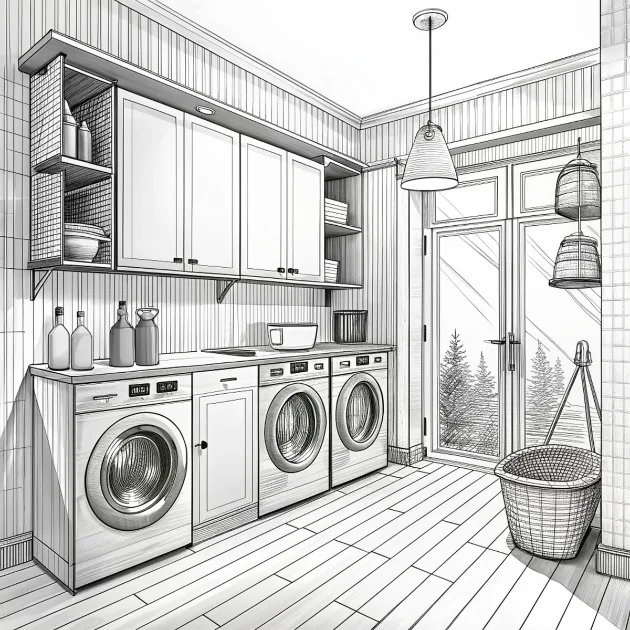 Croquis d'une buanderie en noir et blanc
