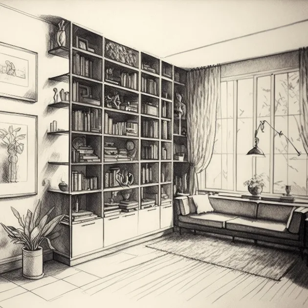 Croquis au crayon d'un salon avec bibliothèque
