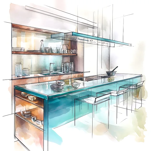 aquarelle-croquis-îlot-de-cuisine-moderne-avec-tabourets-de-bar
